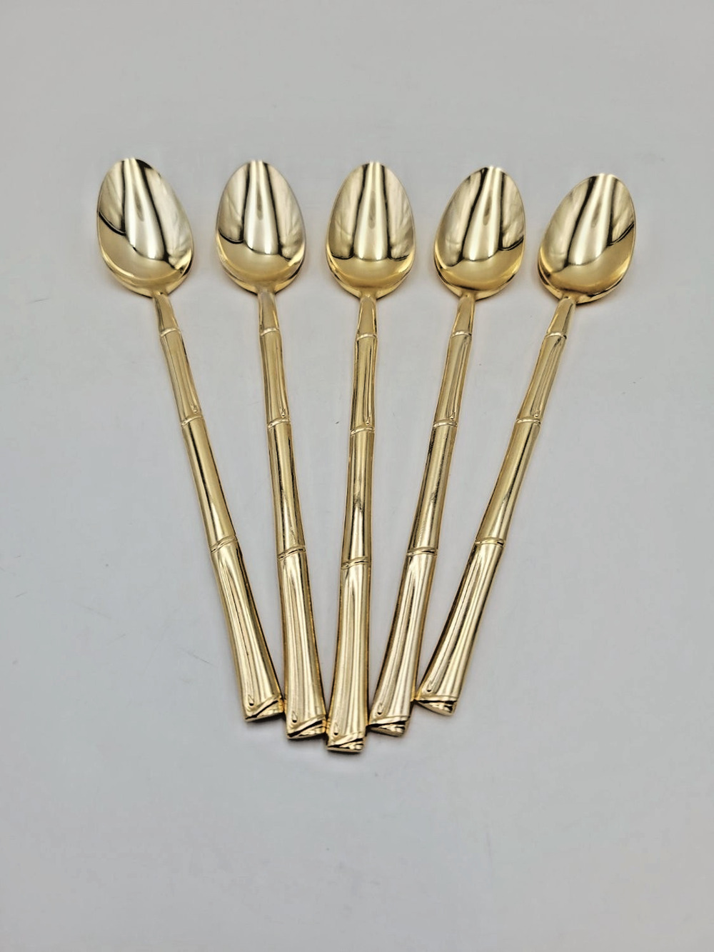 Set 5 National Escapade Iced Tea Spoon Gold Stainless Steel Bamboo Handles JAPAN